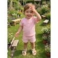 thumbnail image 5 of Loicainy Toddler Baby Girl 2Pcs Waffle Outfits Set 3 6 12 18 24 Months 2T 3T 4T Short Sleeve Half Button-up Crew Neck T-shirt and Shorts Summer Clothes Set, 5 of 9
