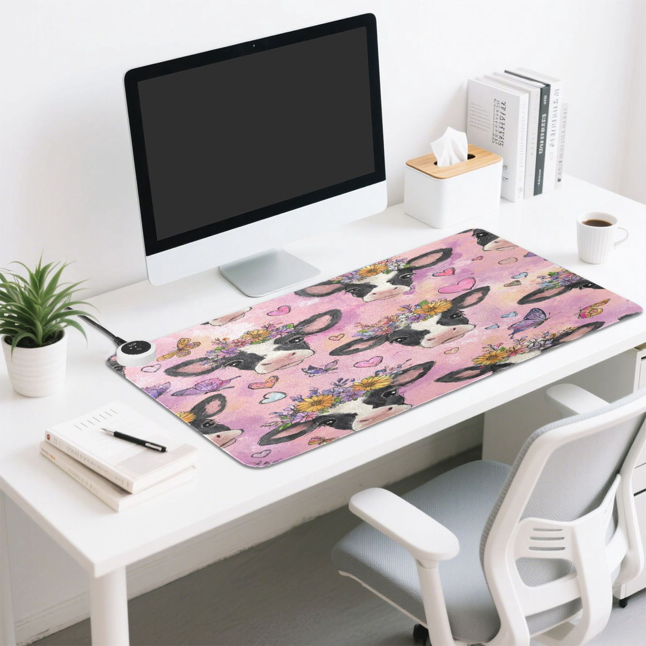 Large Heated Desk Mat Mouse Pad 31.5"x13"PU Leather Graphene Heating Desk Warmer with 3 Temperature Settings 110V US Plug Non-Slip Warm Pad for Home, Office, and Gaming Beautiful Cows with Flowers