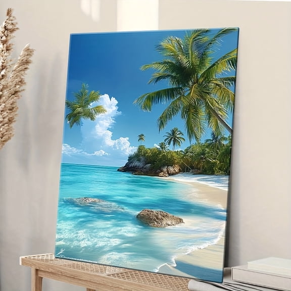 Topbout Art Tropical Beach Palm Tree Wall Art - Coastal Vacation Canvas Decor for Bedroom Living Room