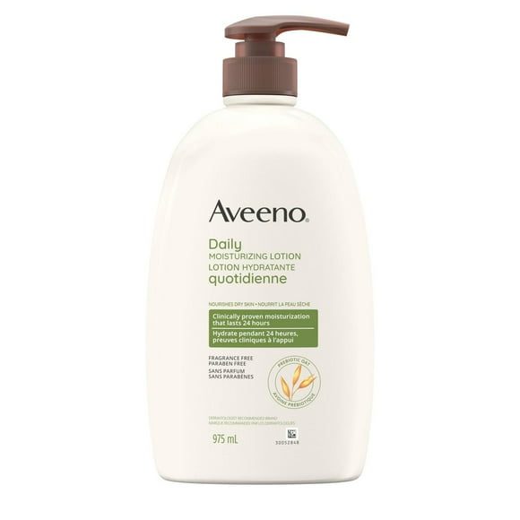 Lotion hydratante quotidienne pour le corps Aveeno, à base d'avoine prébiotique apaisante, nourrit et hydrate la peau sèche, sans parabènes, colorants ni parfum, douce et non grasse, non comédogène 975 mL