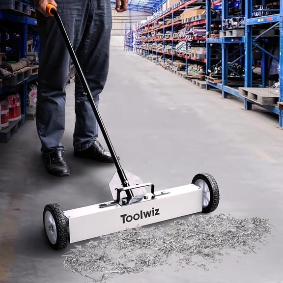 Magnetic Pick Up Sweeper with Wheels 24-inch Large Magnet Pickup Lawn Sweeper Roofing Tools, 33Lbs Yard Tools with Telescoping Holder and Quick Release Latch for Heavy Duty Metal Clean up