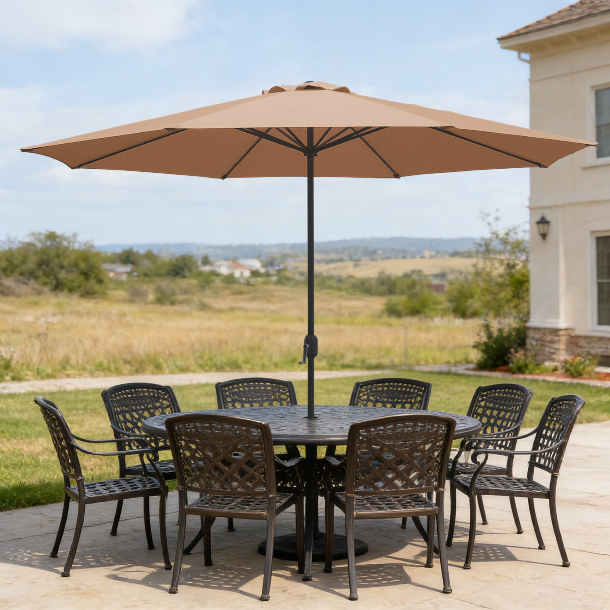 Abble 11FT Outdoor Patio Umbrella with Crank Handle, Market Umbrella with 8 Sturdy Umbrella Ribs, Waterproof for Garden Deck Backyard Pool, Tan