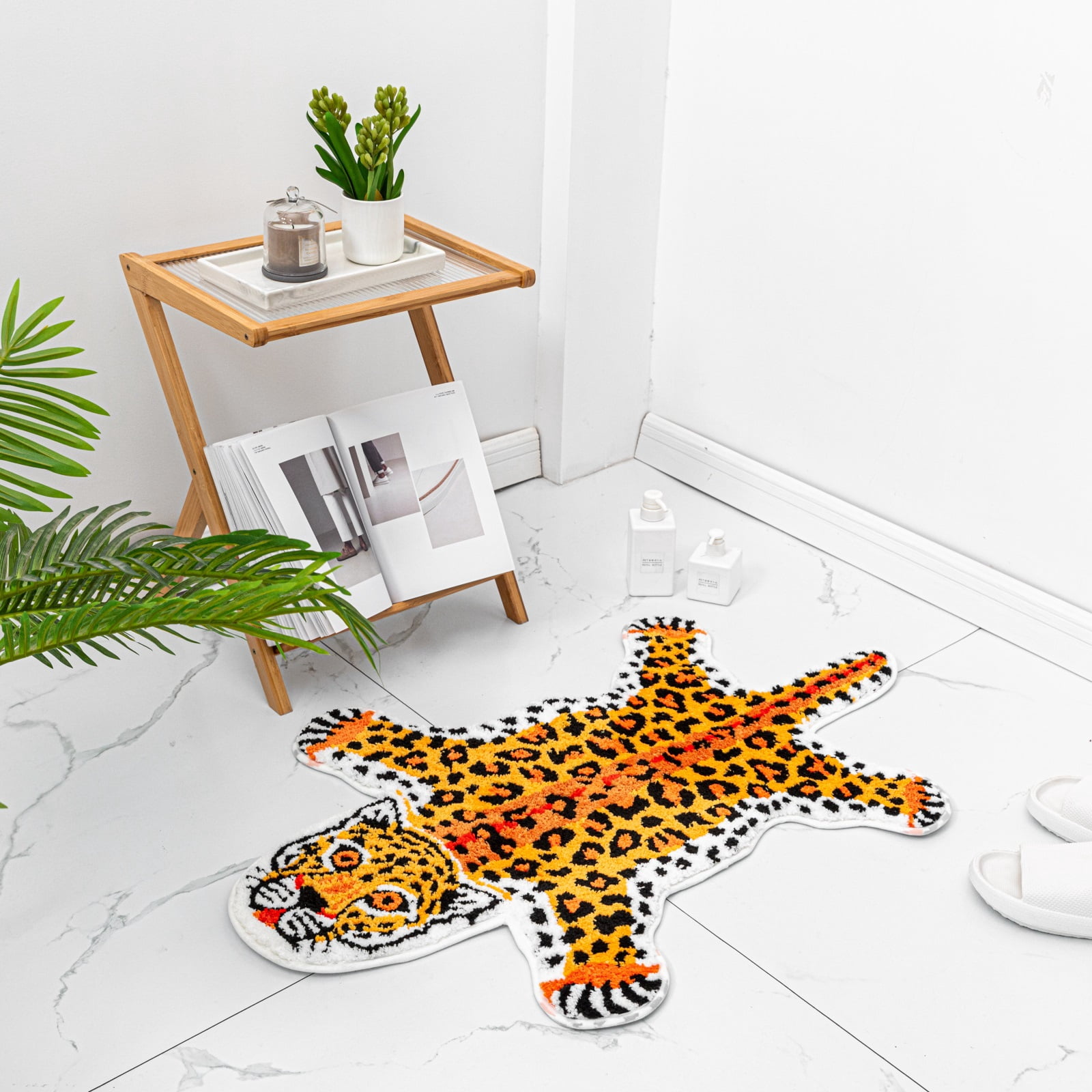 yingda1992 Orange Yellow Leopard Bath Mat for Bathroom Cute Cheetah Print Funny Cartoon Non Slip Animal Shaped Absorbent Bathtub Mat Plush Shower Door Mat Decor 39.3x25.5 Inch