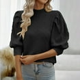 thumbnail image 2 of qolati Womens 2024 Summer Short Sleeve Blouse Trendy Ruffle Puff Sleeve Mock Neck Tunic T Shirts Casual Loose Fitted Going Out Basic Tops, 2 of 7