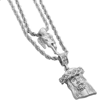 Jesus Piece Pendants Silver-Tone Men's Iced Out Hip Hop Bling 2 Piece Pendant Praying Angel and Cuban Jesus 4mm Rope Chain Set ()