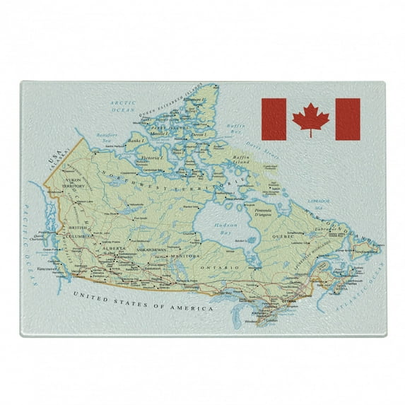 Canada Cutting Board, Educational Topographic Country Land Names with a Flag, Decorative Tempered Glass Cutting and Serving Board, in 3 Sizes, by Ambesonne