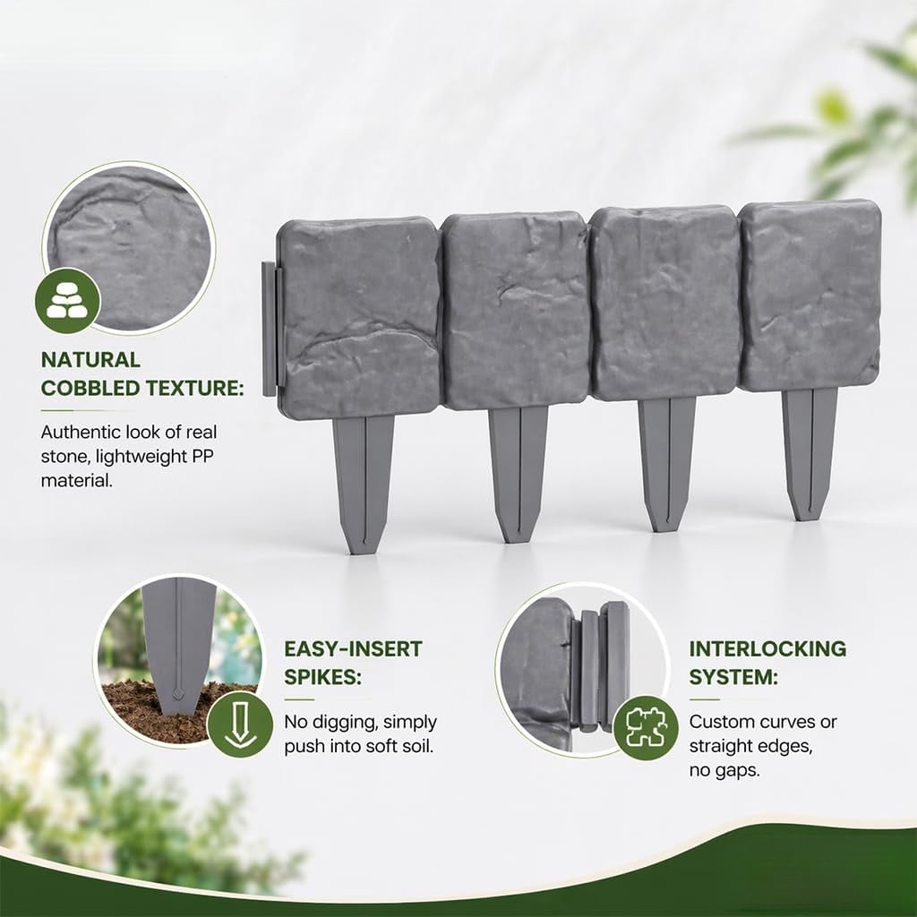 Stone Look Garden Edging Border Fence, Interlocking Plastic Landscape Edging with Built-In Stakes for Flower Beds, Lawn, Pathway & Yard Decor, Weather Resistant Outdoor Border Panels, Black,20pcs