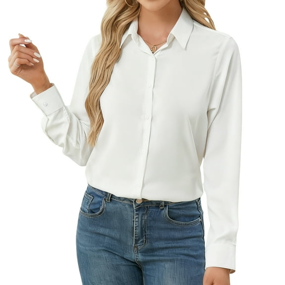 Long Sleeve Cotton Button Up Shirts for Women Wrinkle Free Formal Dressy Shirt Classical White Shirt