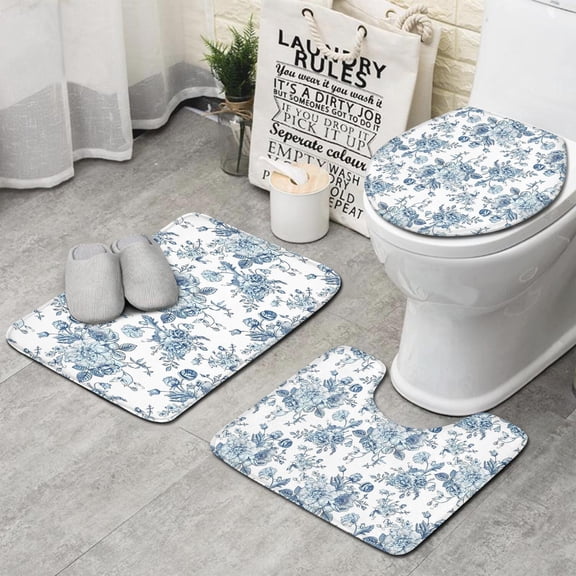 Pioneer Flower Floral Print Pattern Bathroom Rugs Sets 3 Piece,Toilet Cover Set,Absorbent Non Slip Bathroom Mats Sets with U-Shaped Contour Rug Toilet Rug Set