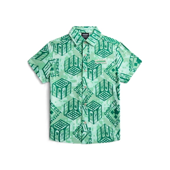 Minecraft Boys Graphic Button Up Resort Shirt with Short Sleeves, Sizes 4-18
