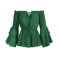 thumbnail image 4 of Lenpel Women's off the Shoulder Tops Bell Long Sleeve Tie Front Ruffle Trim Vintage Peplum Tops Going out Babydoll Blouses(Green,Small), 4 of 7