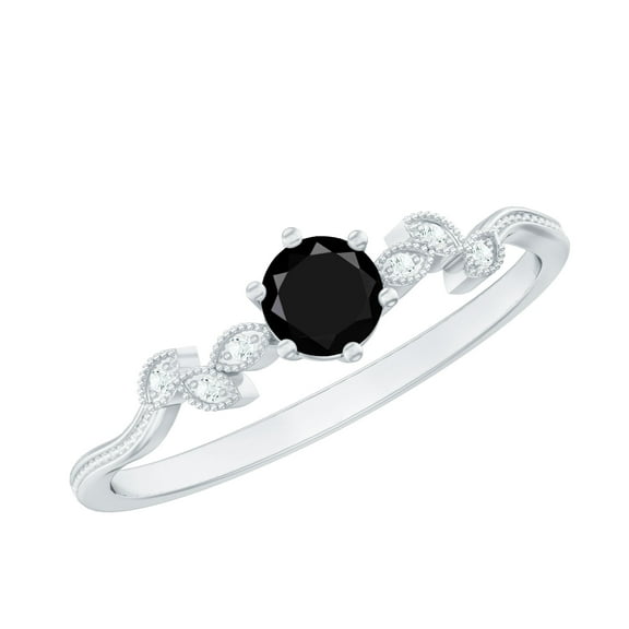 Natural Black Diamond Promise Ring with Diamond, Beaded Leaf Ring - 0.75 CT, 925 Sterling Silver, US 4.00
