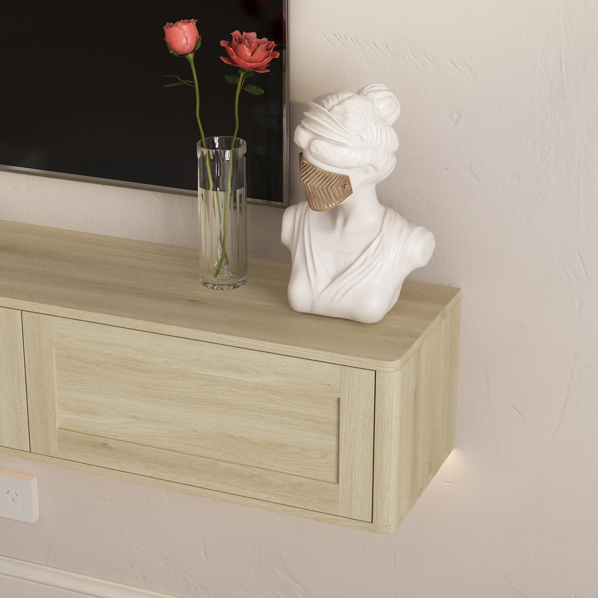 S-HOME Wall Mounted TV Shelf Featuring Led Lights and Power Outlet, High Gloss Floating TV Stand for Your Living Room，Light-colored Wood