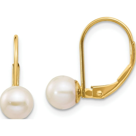 14K Yellow Gold 6-7mm White Round Freshwater Cultured Pearl Leverback Earrings (20 X 7) Made In India xlb65pl