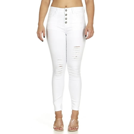 Cover Girl Women's Ripped Slits Mid Rise Exposed Button Skinny Jeans White Plus Size
