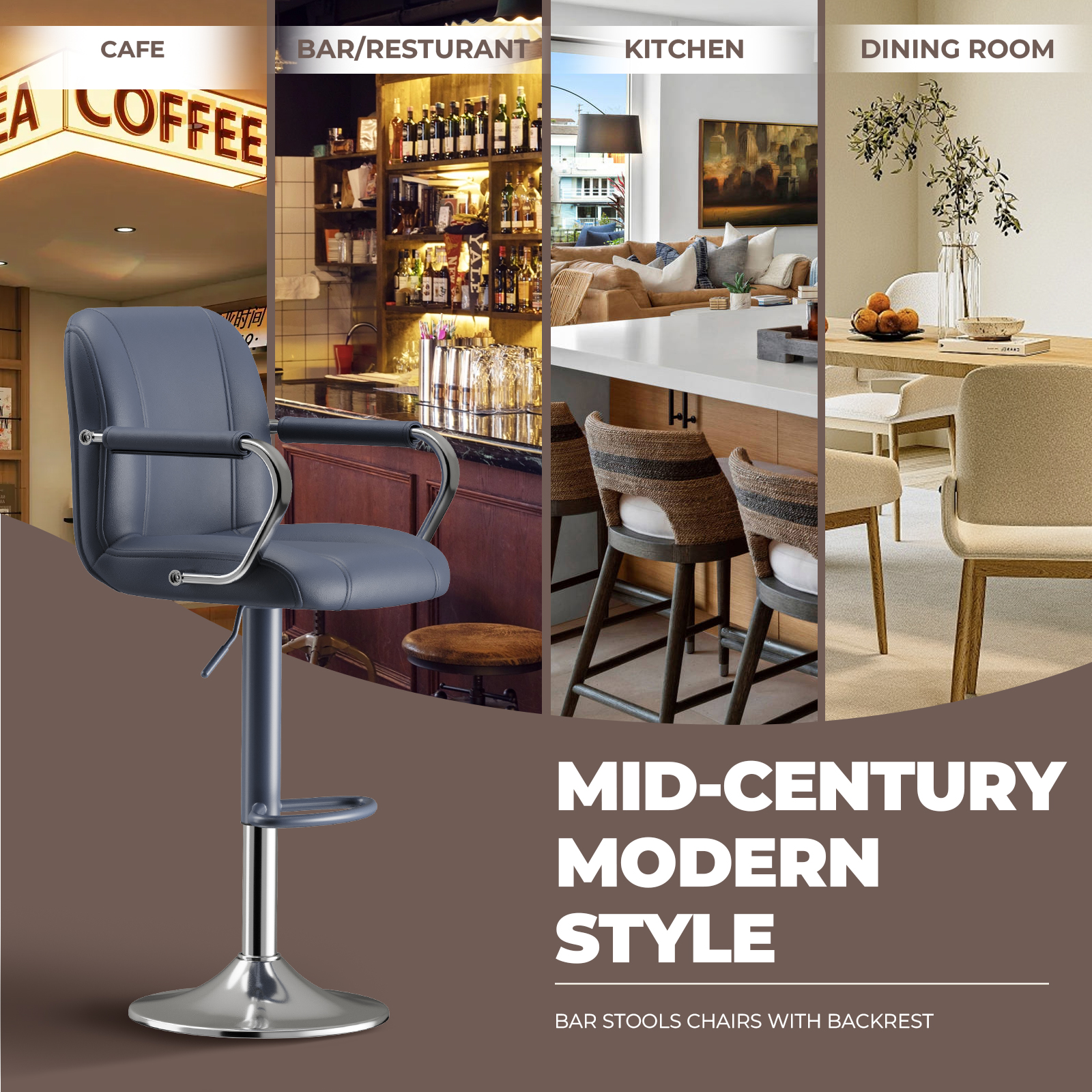 AFO Modern PU Leather Bar Stool Set of 2 with Backrest and Armrests, Height Adjustable 360° Swivel Counter Chair, Blue