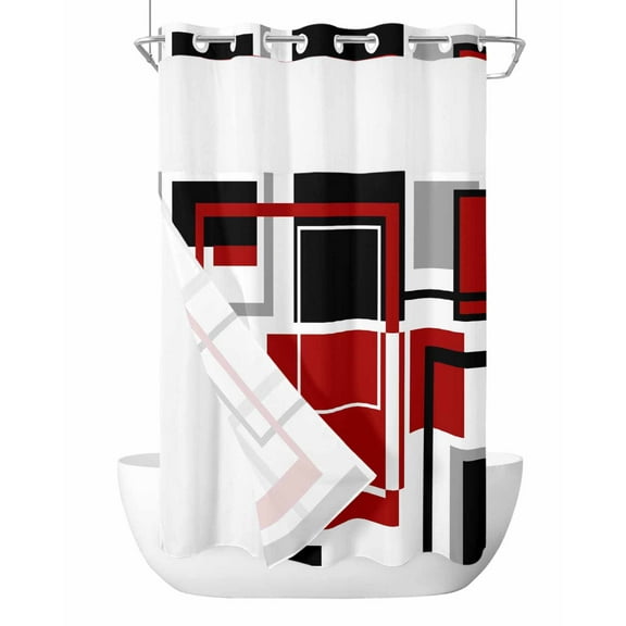 No Hook Cloth Fabric Shower Curtain with Snap in Liner, Red Black Geometric Waterproof Shower Curtains Set with See Through Top Window, Contemporary Gray Abstract Stripes Bath Curtains Shower 36"x78"