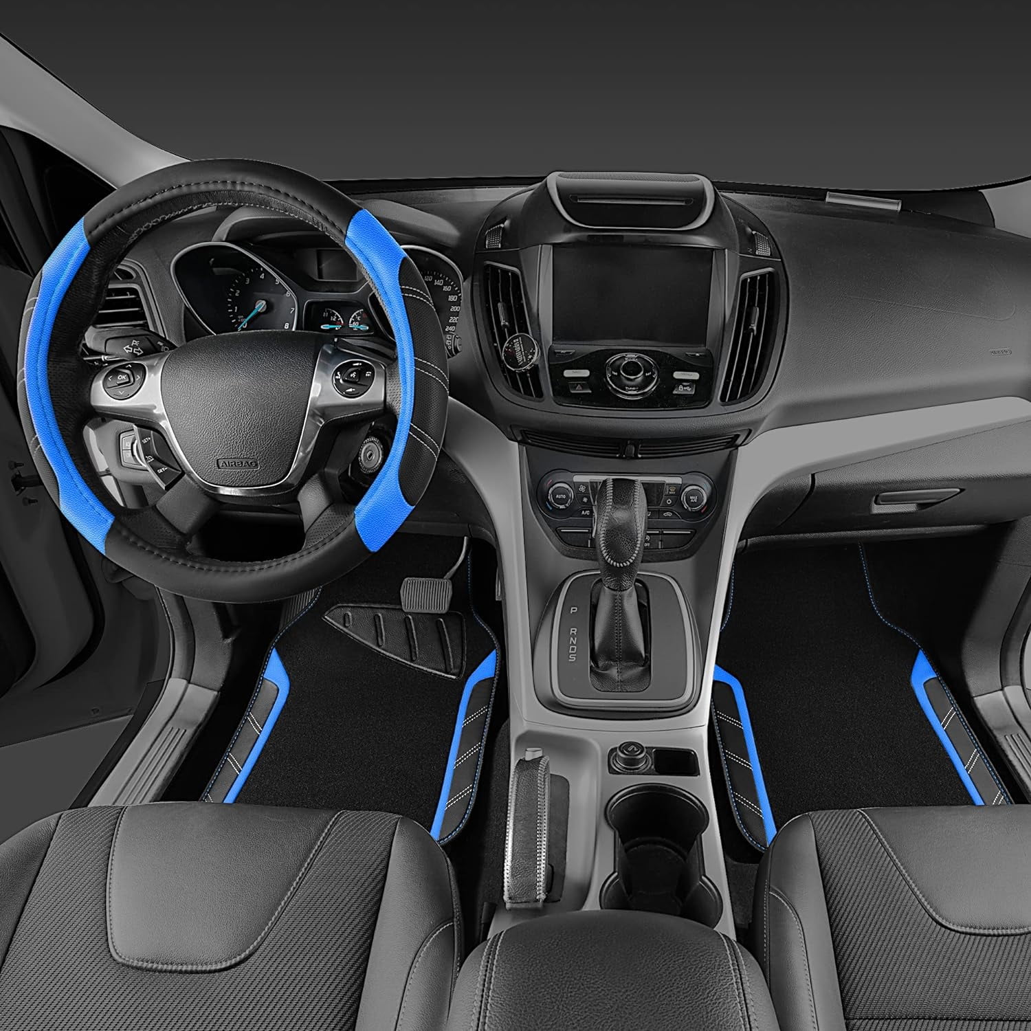 CAR GRAND Leather Steering Wheel Cover and Waterproof Car Floor Mats,Microfiber Universal Car Combo Fit for 95% Sedan,SUV,Cars,14.5-15inch Sporty Anti-Slip Safety Comfortable Design(Black＆Blue)