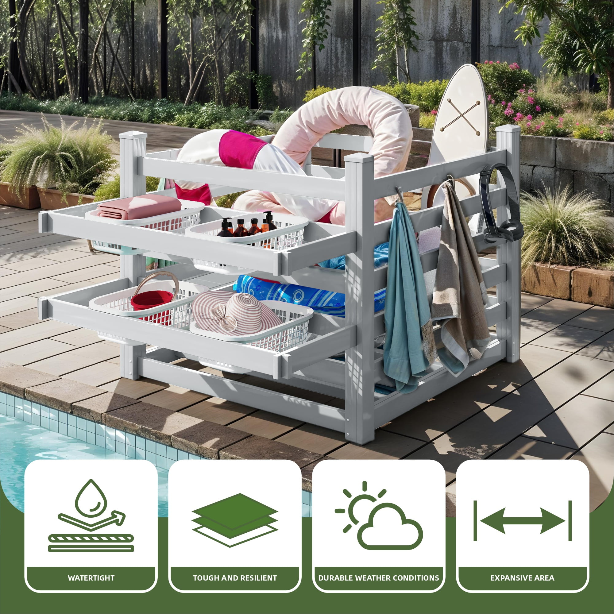 Uforic Outdoor Waterproof Storage Organizer with 6 Hooks, Pool Deck Box, Patio Bin, 64"W x 47"L x39"H, Light Gray