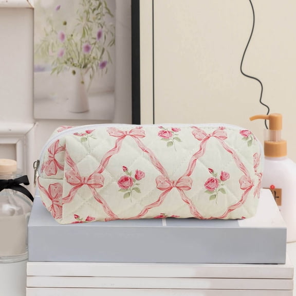 Large Quilted Cosmetic Bag for Women Elegant Floral Makeup Organizer Travel Toiletry Pouch Stylish Beauty