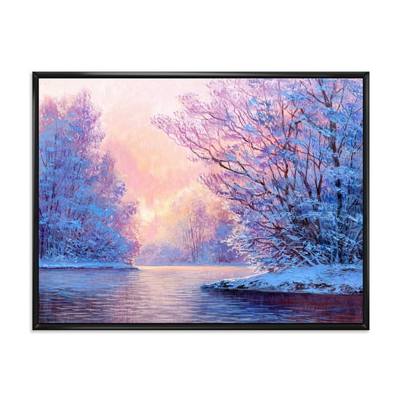Designart 'The River Original With Winter Landscape' Lake House Framed Canvas Wall Art Print