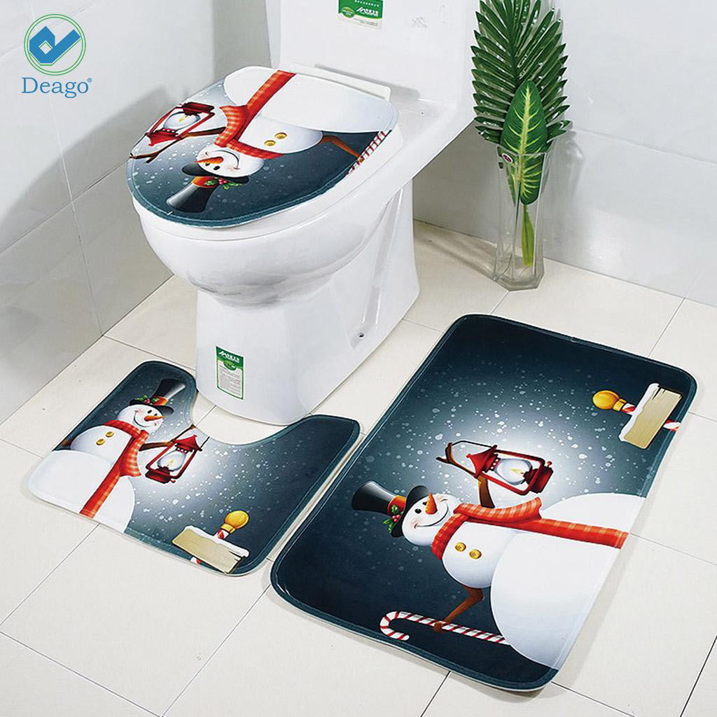 3 Pcs Christmas Bathroom Rugs Set Non-slip Bath Mat Toilet Lid Cover Decor