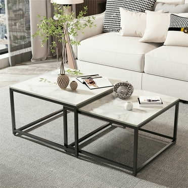 Wisfor Set of 2 Square Coffee Tables Living Room Nesting End Side Tables, White Stoned Top, Metal Frame