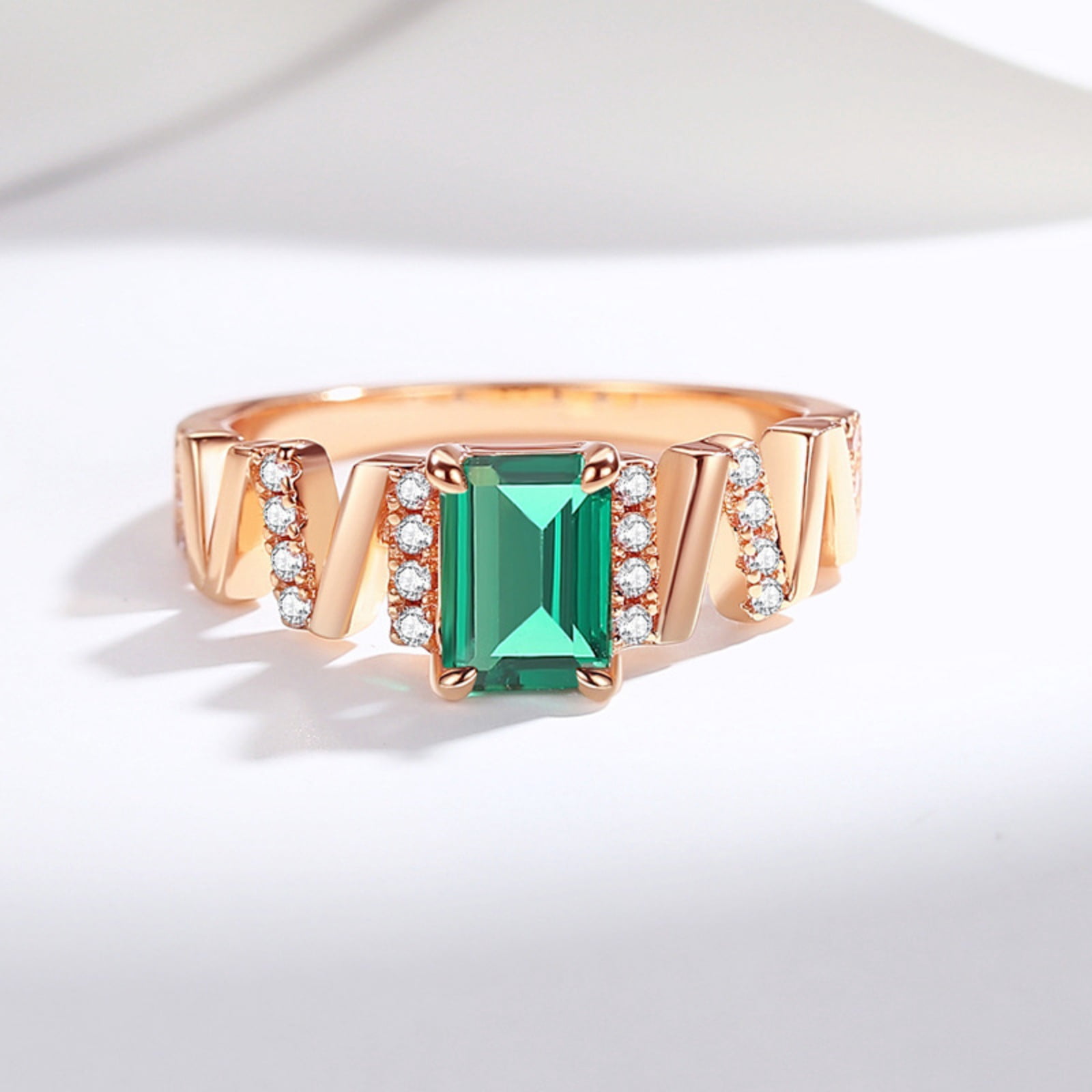 925 Sterling Silver Created Emerald Rings for Women 18K Gold Plated 1 Carat Emerald Engagement Rings for Women Emerald Cut Rose Gold Wedding Band for Her Promise Ring