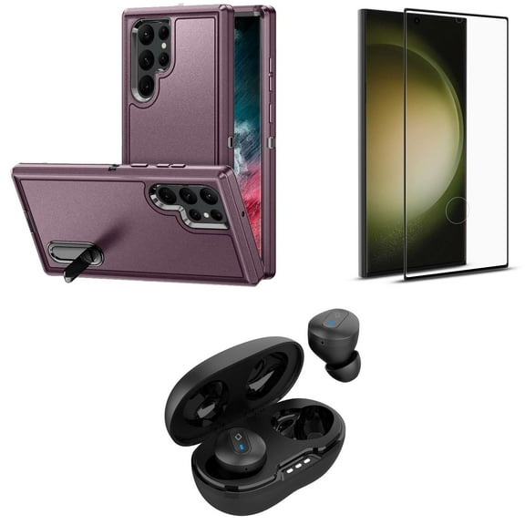 BD Combo Bundle Case for Samsung Galaxy S23 Ultra Case - (Black) Tough Rugged Protector Stand Cover with Screen Protectors, Premium Wireless Earbuds, TWS with Charging Case