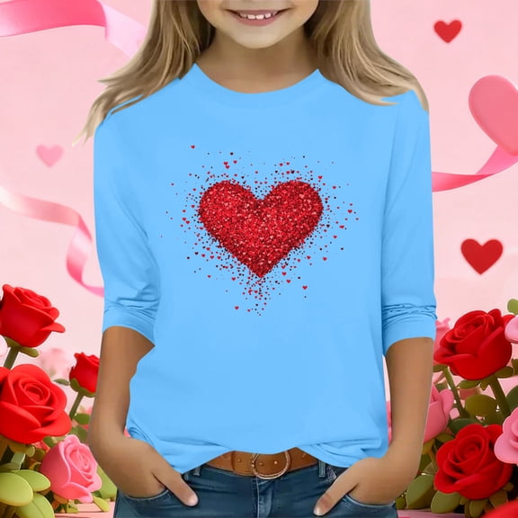 Sky Blue Girls' Sparkle Heart Accent Top - Cold Shoulder 3/4 Sleeve Soft Stretch Polyester Spandex Casual Tee for 5-12 Years Kids,Size 7-8T