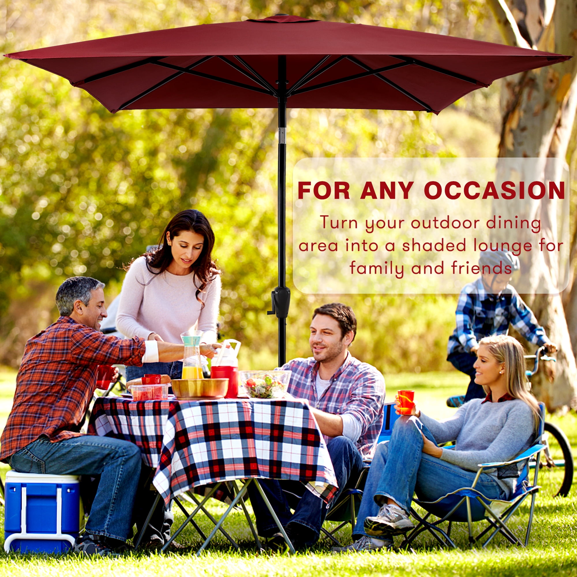Sun-Ray 6.6x10 FT Rectangular Patio Umbrella with Push-Button Tilt and Hand Crank Canopy Lift, Table Umbrella with Solution Dyed Navy Fabric for Porch, Deck, Garden, and Swimming Pool, Burgandy
