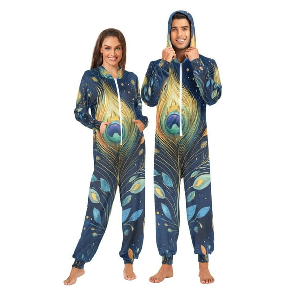 Peacock Feather and Leaves Adult Onesie Pajamas Slim Fit Christmas One Piece Suit Pjs for Women and Men Hooded Zipper
