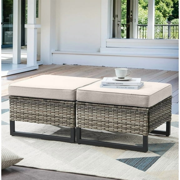 Gymojoy 2 Pieces Outdoor Ottoman, Patio All Weather Rattan Wicker Footstool Footrest Seat with Removable Cushion,Beige