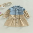 thumbnail image 2 of Robe Fille Manches Longues Col à Revers Patchwork en Denim Kaki, 2 of 8