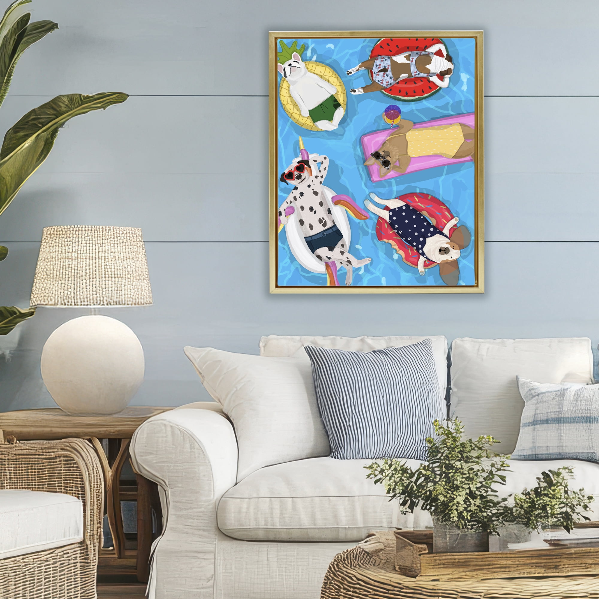 Stupell Industries Summer Sunbathing Dogs Gold Framed Floater Canvas Wall Art, design by Hanna Melin