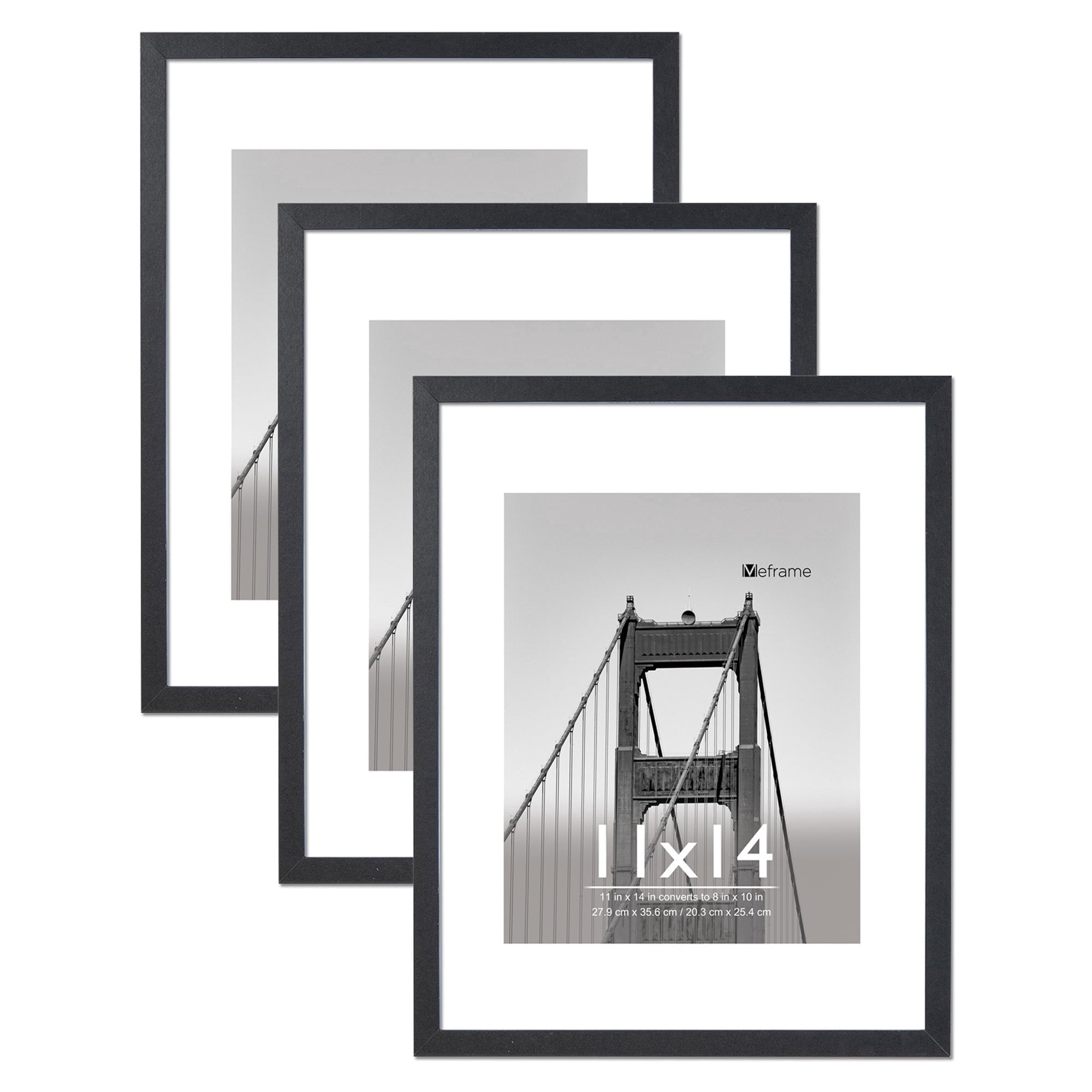 Meframe 3PACK 11x14 Wooden Picture Frame with Mat Display 8x10 Photo without Mat Display 11x14 Photo, Black