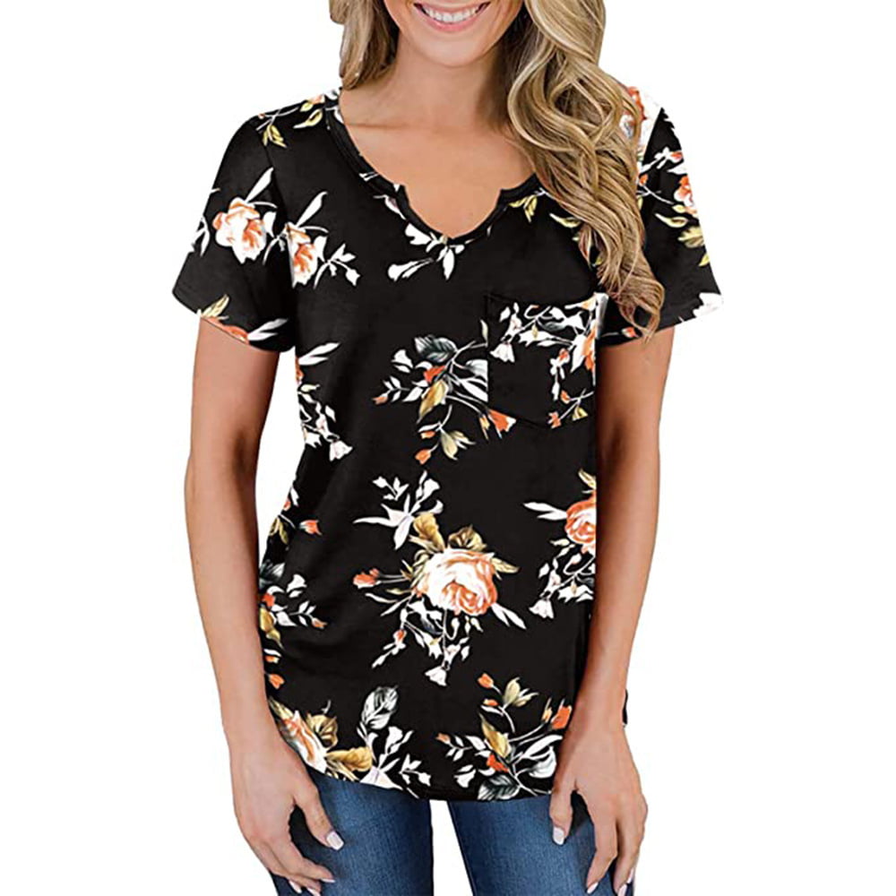 Womens Print Short Sleeve Top Casual Floral Pocket V-Neck T-Shirt Casual Loose Comfort Shirt Top 