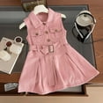 thumbnail image 2 of Mercatoo Fashion Toddler Girl Denim Shirt Dress with Belt Kids Summer Sleeveless Lapel Dress Retro 𝐁utton Denim Dresses, 2 of 9