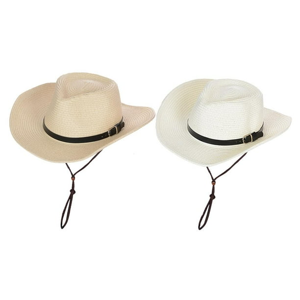 2 piezas Sombreros de paja de vaquero BLESIY Sombrero occidental Sombrero de jardín de ala Blanco