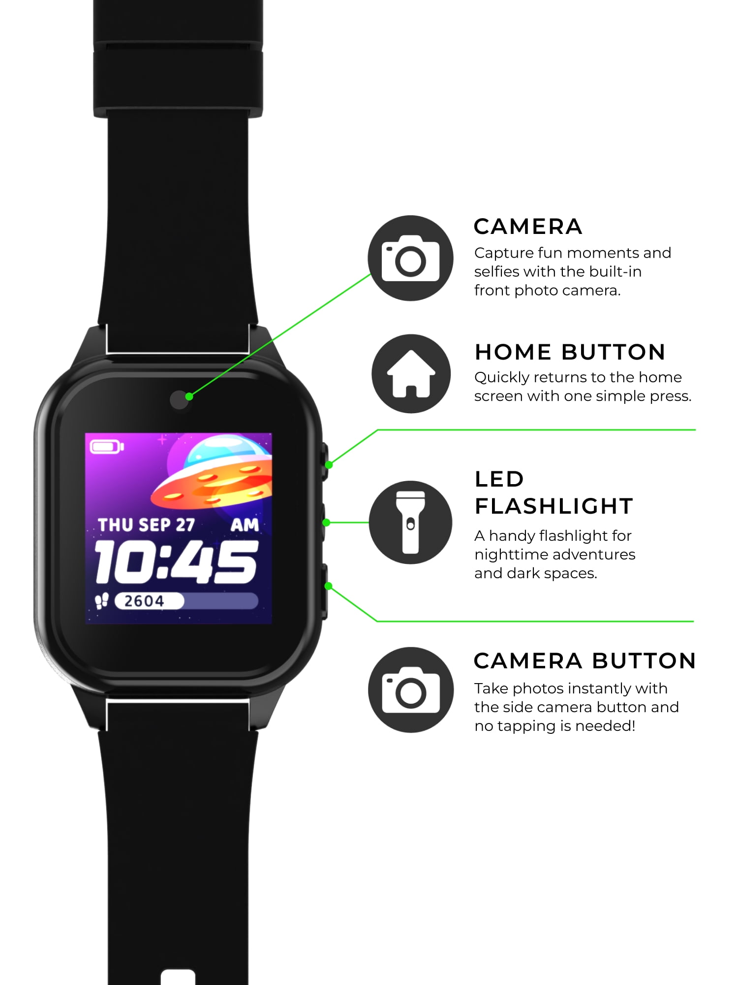 iTech Jr. 4 Kids Unisex Smartwatch with Camera, Audiobooks, and Games – Black Case with Black Strap