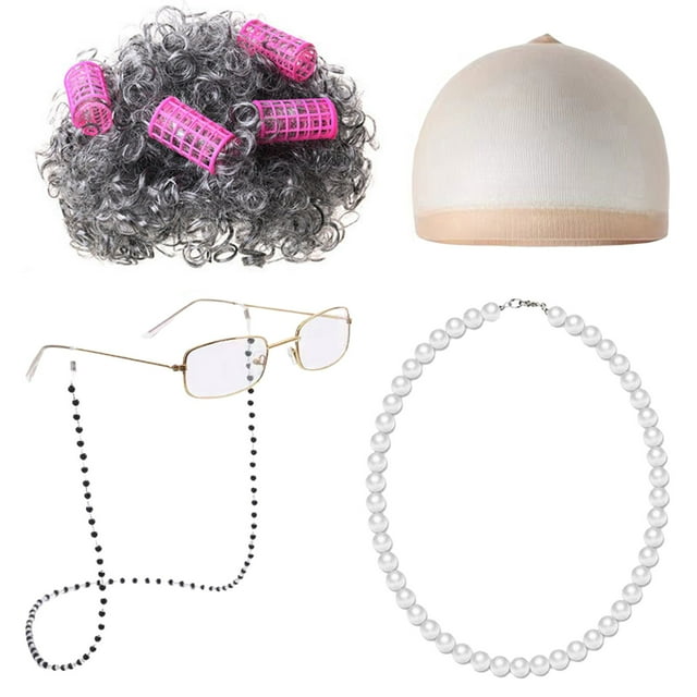 Disfraz de anciana para niños, disfraz escolar, peluca de abuela, accesorio para disfraz, rulos para disfraz de anciana