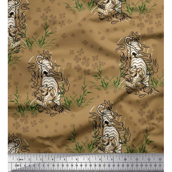 Soimoi polyester Crepe Fabric Clover Grass & Lion Animal Print Sewing Fabric Yard 52 Inch Wide