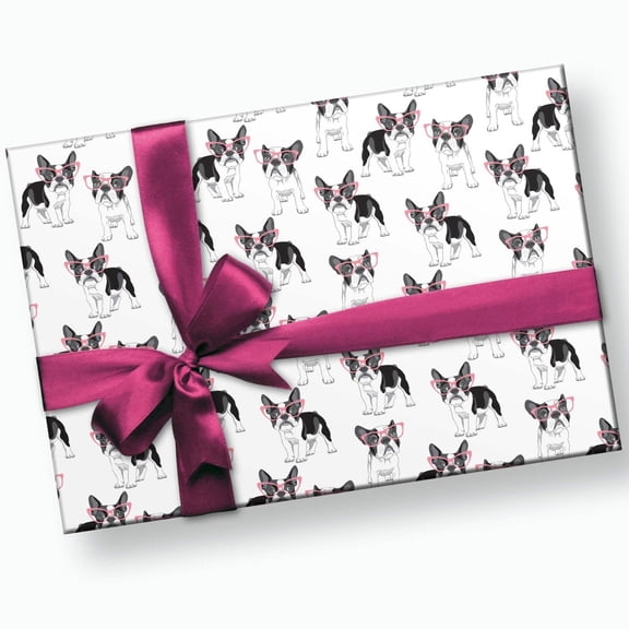 French Bulldog Gift Wrapping Paper, 3 Sheets, 30x20in, Frenchie in Pink Glasses, Birthday Present