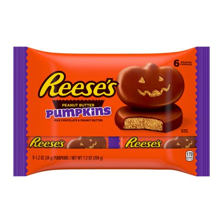 REESE'S, Milk Chocolate Peanut Butter Pumpkins Candy, Halloween, 1.2 oz, Packs (6 Count)