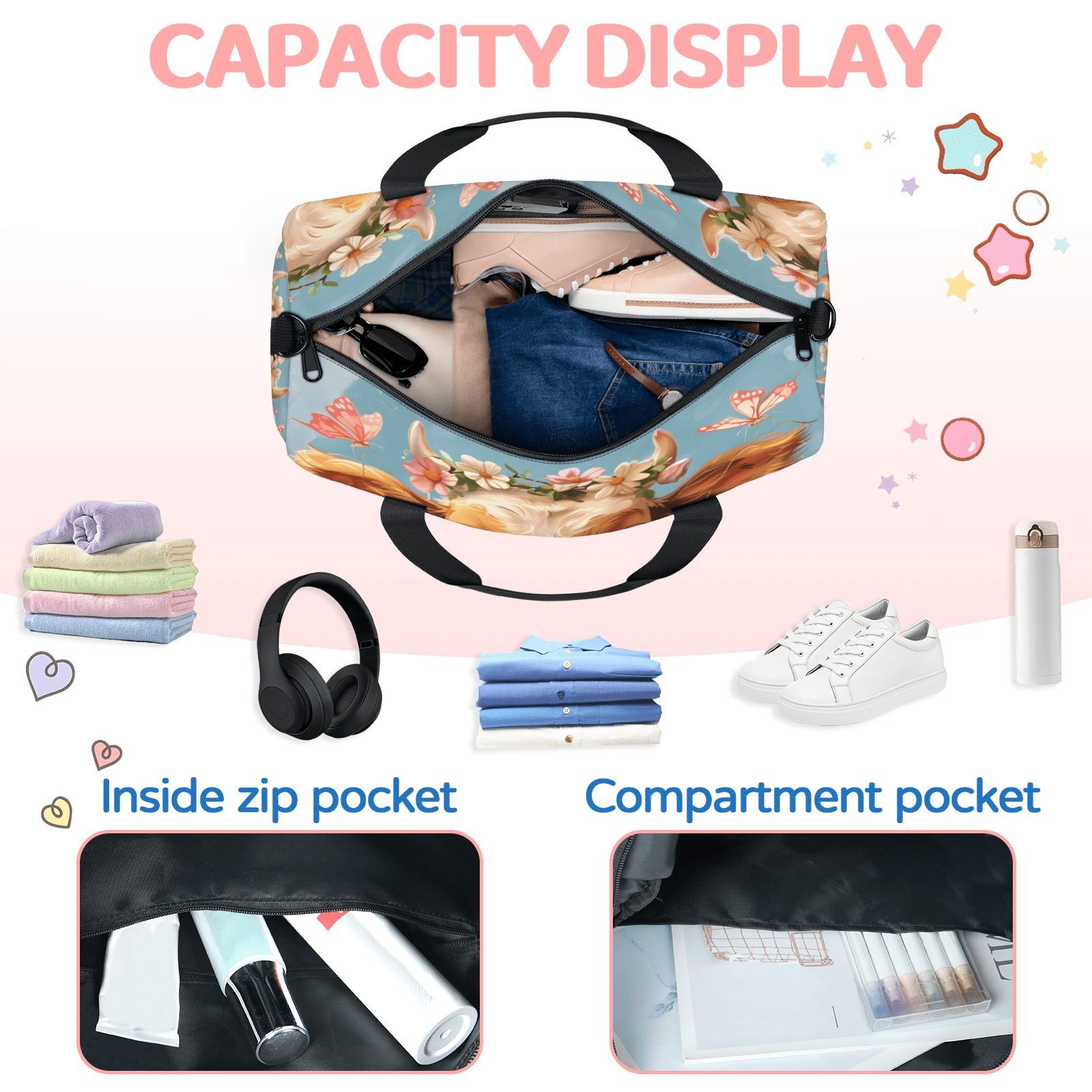 Herdesigns Cattle Cow Travel Duffle Bag Sports Yoga Weekender Overnight Carry on Workout Bags Lightweight Waterproof Gym Tote Bag for Women Watercolor Floral