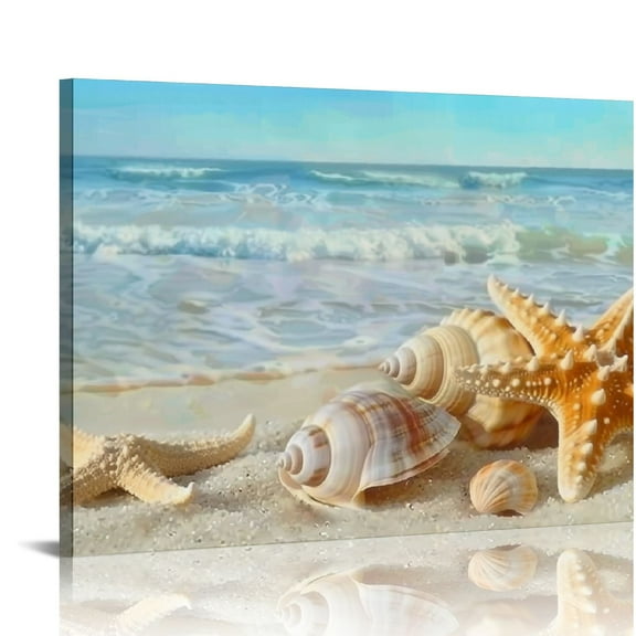 EastSmooth S73975 Beach Picture Decor Ocean Canvas Wall Art Prints of Starfish and Seashell on Sandy Seaside Ready to Hang for Living Room Bedroom Office Wall Decor Home Decoration