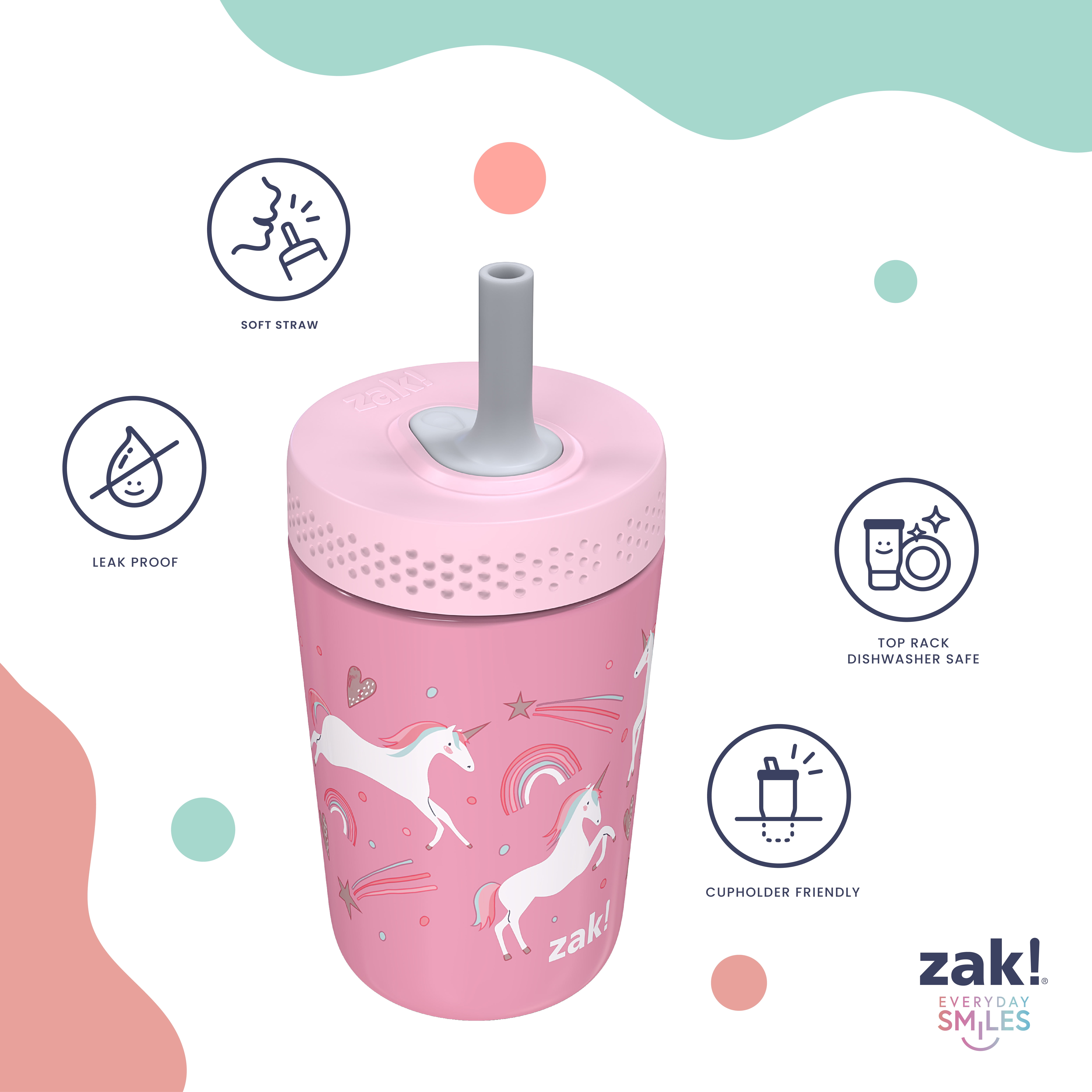 Zak Designs 12oz Fanciful Unicorn Kids Straw Tumbler, Stainless Steel Vacuum Insulated Kincaid Tumbler with Silicone Straw Utilizing Leak-Proof Valve, Travel Straw Tumbler