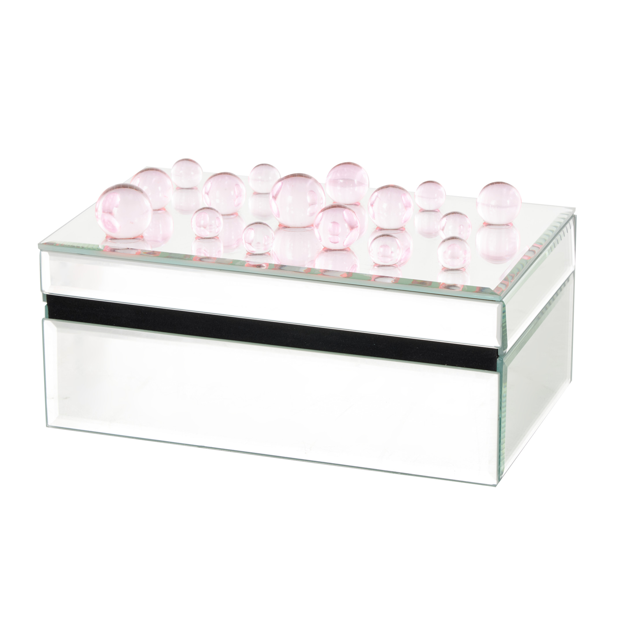 DecMode Mirrored Silver Glass Decorative Jewelry Box with Pink Bubble Textured Balls