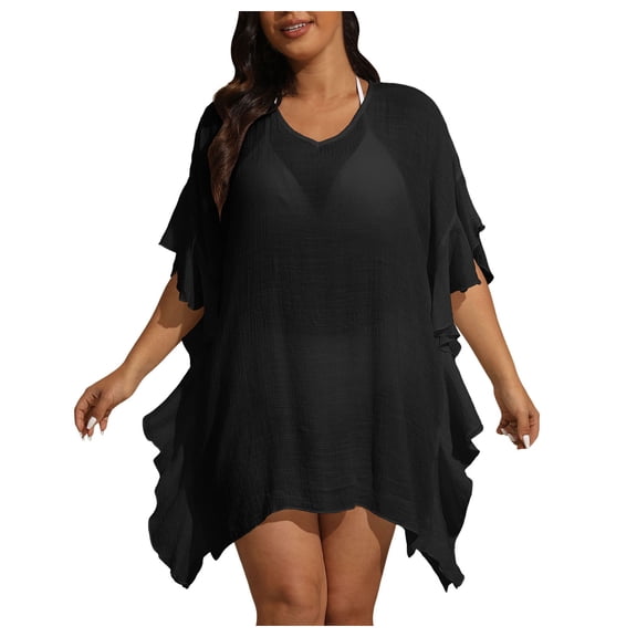 RFQWOVSR Women's Plus Size V-Neck Ruffle Cover-Up with Adjustable Straps Midi Tunic Swimsuit Coverup XXL