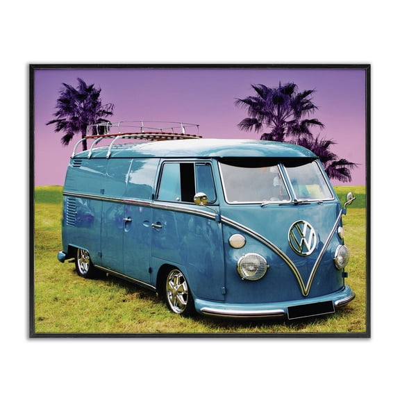 Stupell Industries Tropical Vintage 70s Blue VW Bus with Purple Palm Trees Black Framed Giclee Art, 14 x 11, by Lil' Rue